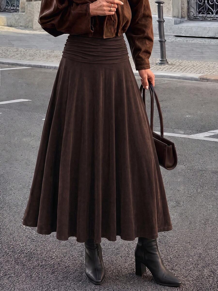 Women's Solid Color Pleated Casual Versatile Daily Wear Skirt - Brown - View 1