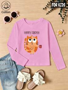 Girls Cotton Twill Long-Sleeved T-Shirt, Autumn/Winter Style, With An Orange Cat Print, In A Cute And Sweet Preppy Style - Light Wine Red - View 2