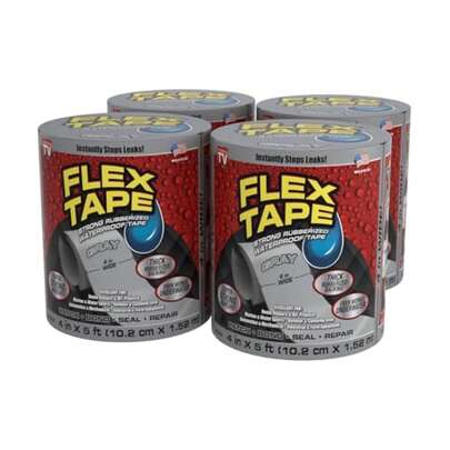 , Original Thick Flexible Rubberized Waterproof Tape - Seal And Patch Leaks, Works Underwater, Indoor Outdoor - Home RV Roof Plumbing And Pool Repairs, Gray, 4 In X 5 Ft, Case Of 4