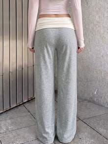 SCARLUX Y2K Women's Solid Gray Flare Pants, Cuffed Low Waist Casual Long Pants, Suitable For Back To School Streetwear - Light Grey - View 9