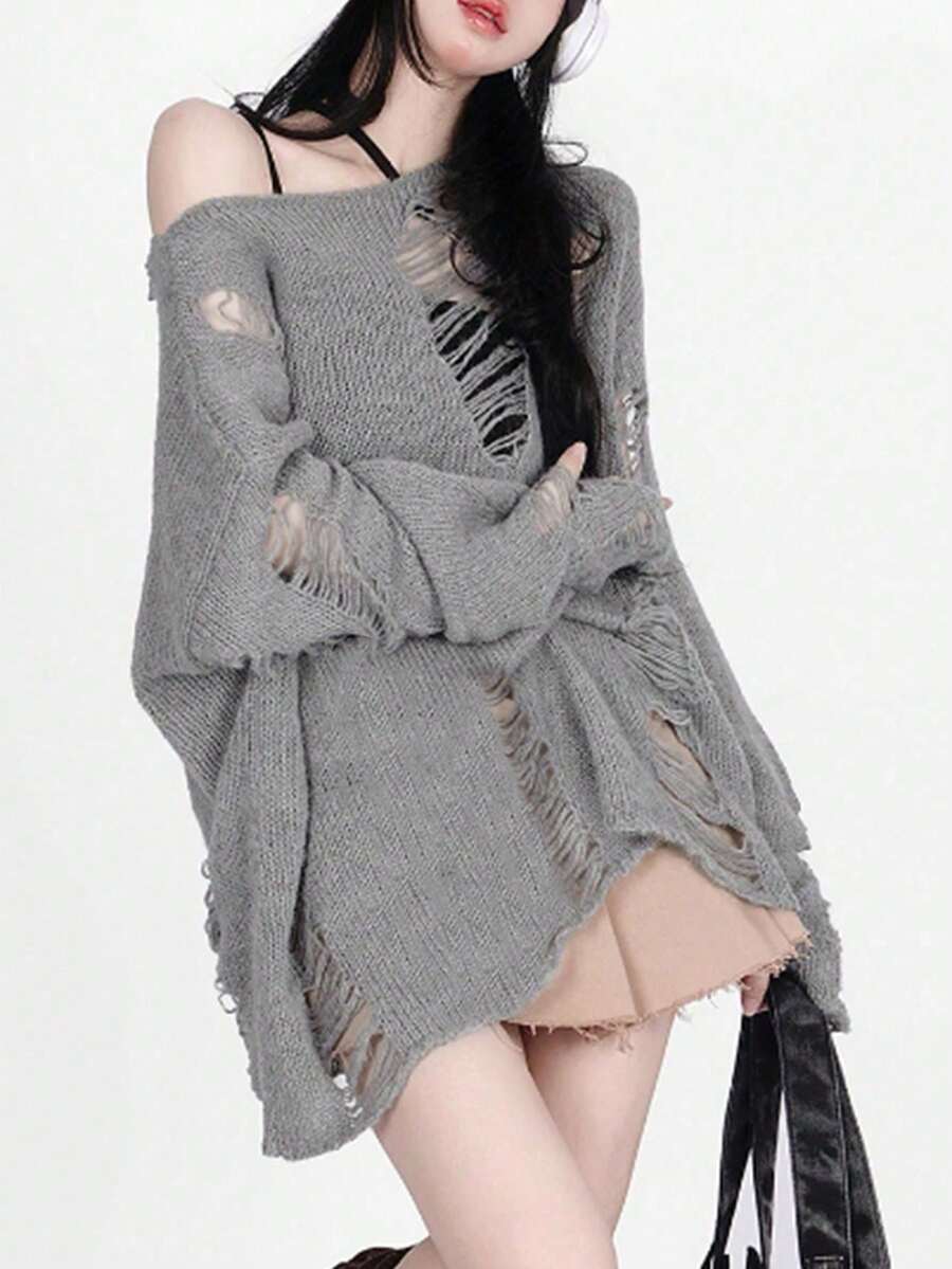 Asymmetric Neck Casual Slouchy Loose Knit Sweater Autumn Distressed Hollow Out Long Sleeve TOPS - Grey - View 1