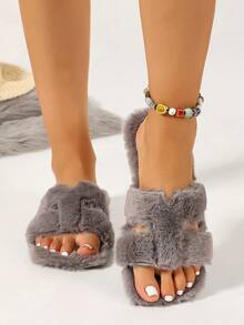 Ximi Ruo Women's Solid Color Flat Fuzzy Slippers, Casual Vacation Beach Home Indoor Outdoor Wear, Autumn Winter Warm Plush Lining, Simple Fashion Slouchy Slip-On Shoes, Soft Lightweight Versatile Daily Commute Indoor Outdoor Street Wear, Comfortable Flat Casual Travel Outfit Shoes, Fleece Lined Dual-Use Slippers - Grey - View 3