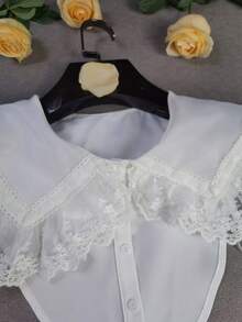 1件女款白色刺繡蕾絲飾邊純色波希米亞風聚酯纖維休閒套頭襯衫，附假領 - 白色 - 查看 7