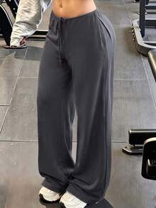 Women's Knitted Straight Leg Pants, Medium Stretch, With Faux Drawstring, Fashion Long Pants - Dark Wash - View 9