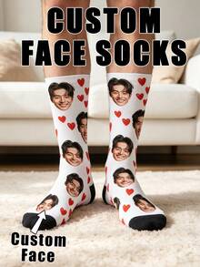 Custom Face Heart Pattern Crew Socks. White Sock Body With Black Toe Caps, Printed With Personalized Portrait Photos And Scattered Red Heart Motifs. - Multicolor - View 1