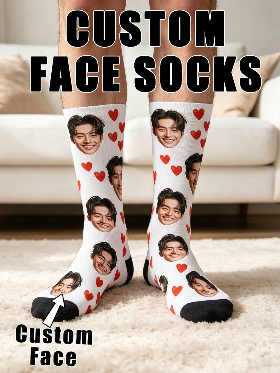 Custom Face Heart Pattern Crew Socks. White Sock Body With Black Toe Caps, Printed With Personalized Portrait Photos And Scattered Red Heart Motifs. - Multicolor - View 1