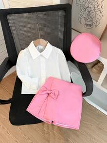 Girls Spring/Autumn Lady Vacation Style 3-Piece Set, Puff Sleeve Collared White Shirt With Bow Tie Slit Skort, Matching Beret Included, Sweet Korean Style, Ideal For Daily Outings And Party Wear - White - View 3
