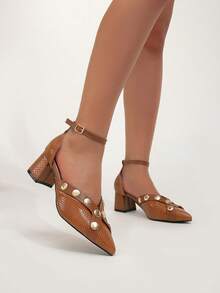 Women's New Fashion Sexy Cross Strap Crocodile Embossed Gold Studded Side Cutout Pointed Toe Chunky Heel High Heels - Brown - View 5