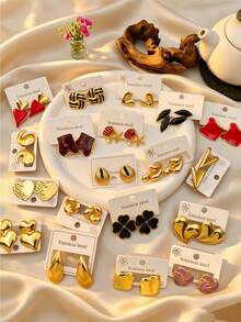 4/8/16/24pcs Color Enamel Gold Stainless Steel Heart Stud Earrings, Statement Earrings For Women, For Women - Multicolor - View 5