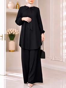 Women's Casual Minimalist Loose Long Sleeve Shirt + Wide Leg Pants 2pcs Set, Solid Color Front Button Tie-Up Daily Wear - Black - View 6