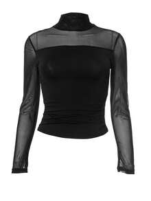 ATTRACO Atasan Kaos Seksi Model Patchwork Jala dengan Leher Setengah Tinggi untuk Musim Gugur - Hitam - View 8