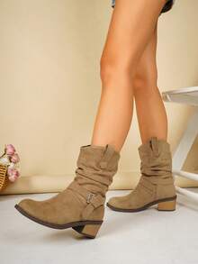 Women's Faux Suede Mid-Calf Ankle Boots With Buckle Chunky Heel Western Style Ruched Stacked Boots For Commuting - Khaki - View 3