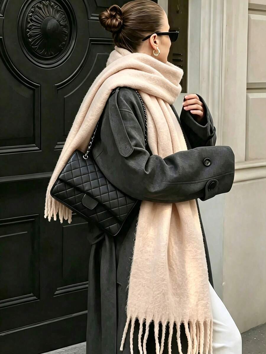 1件女款純色加厚馬海毛流蘇大圍巾,秋冬長款保暖披肩,蓬鬆毛絨面料,柔軟啞光質感,披肩帽 - 杏色 - 查看 1