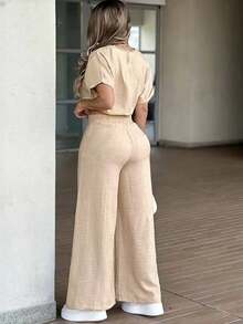 Women's Summer New Solid Color Elegant Zipper & Button Polyester Fabric 2 Pieces Set, Loose & Comfortable For Daily Wear, Vacation, Spring/Summer - Apricot - View 2