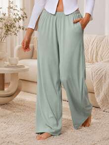Sodalemon Women's Solid Color Casual Comfortable Wide Leg Pocket Pajama Pants, Elastic Waist Full Length Lounge Pants - Mint Green - View 5