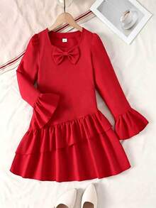 Christmas Girls Dress Mid-Big Tween Girl 8-12 Years Old Festive Red Princess Dress Square Neck 3D Bow Flare Long Sleeve Ruffle Hem A-Line Skirt For Outing, Party, Performance - Red - View 3