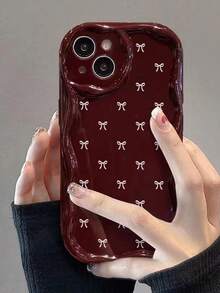 Bowknot Painted Flat Print Burgundy Cream Pattern Soft Shell Compatible With IP17/IP17PROMAX/IPhone16/IPhone16Pro/IPhone16ProMax/IPhone15/XR/7P8P/P12ProMax/P13ProMax/P14ProMax/P13/P14/P11/P12/P14 Women Soft Anti-Drop XS/S/XSMax/78GES2/Cute Fashion Thick Phone Case Protective Cover - Multicolor - View 7