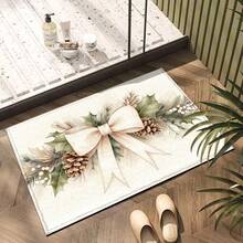 1pc Kitchen Floor Mat, Soft Faux Cashmere Material, Beige Bow & Pine Branch Decor, Non-Slip, Absorbent, Suitable For Kitchen, Bathroom, Entryway, Fresh & Cozy Home Decor, Multi-Scene Use, Christmas Room Decoration, Holiday Gift - Multicolor - View 7