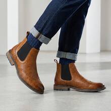 Men's Chelsea Boots With Brogue Print Leather Upper, Dual-Color Rubber Outsole, Non-Slip , Vintage Style Commuter Business Boots - بني - مشاهدة 7