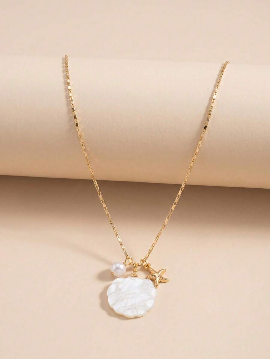 1pc Niche Design Seashell Beach Style Ocean Series Pendant Necklace Starfish Collarbone Chain - Gold - View 1