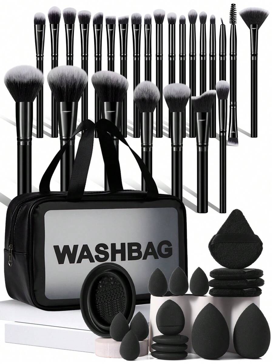 43Pcs/4pcs Black Makeup Brush Set Makeup Brushes Cosmetic Sponges Triangle Powder Puffs Finger Puffs Brush Cleaner Bowl Cosmetic Storage Bag Complete Makeup Tool Kit For Beginners - Black - View 1