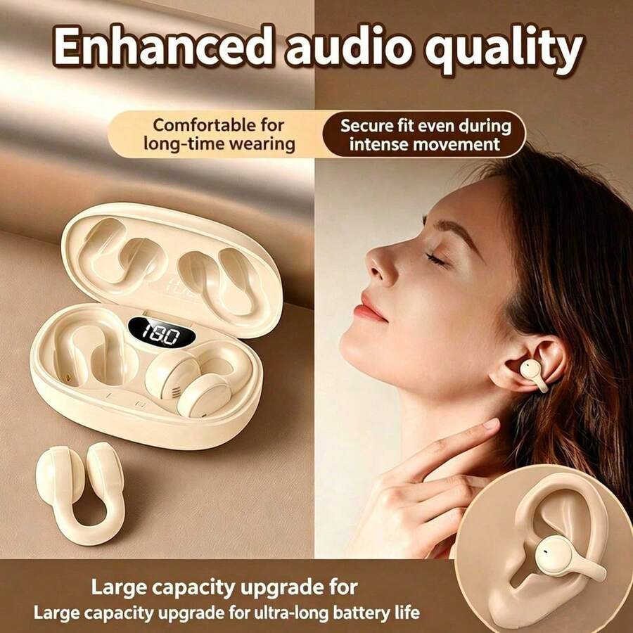 True Wireless Ear Clip Headphones, 5.4 BT Earphones, 360° ACS Air Conduction Stereo, Digital Power Display Sports Earbuds, HD Call Open Ear Headset
