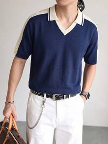 男士對比色插肩袖V領 Polo 衫，條紋裝飾短袖上衣，適合度假與街頭穿搭 - 藏蓝色 - 查看 1