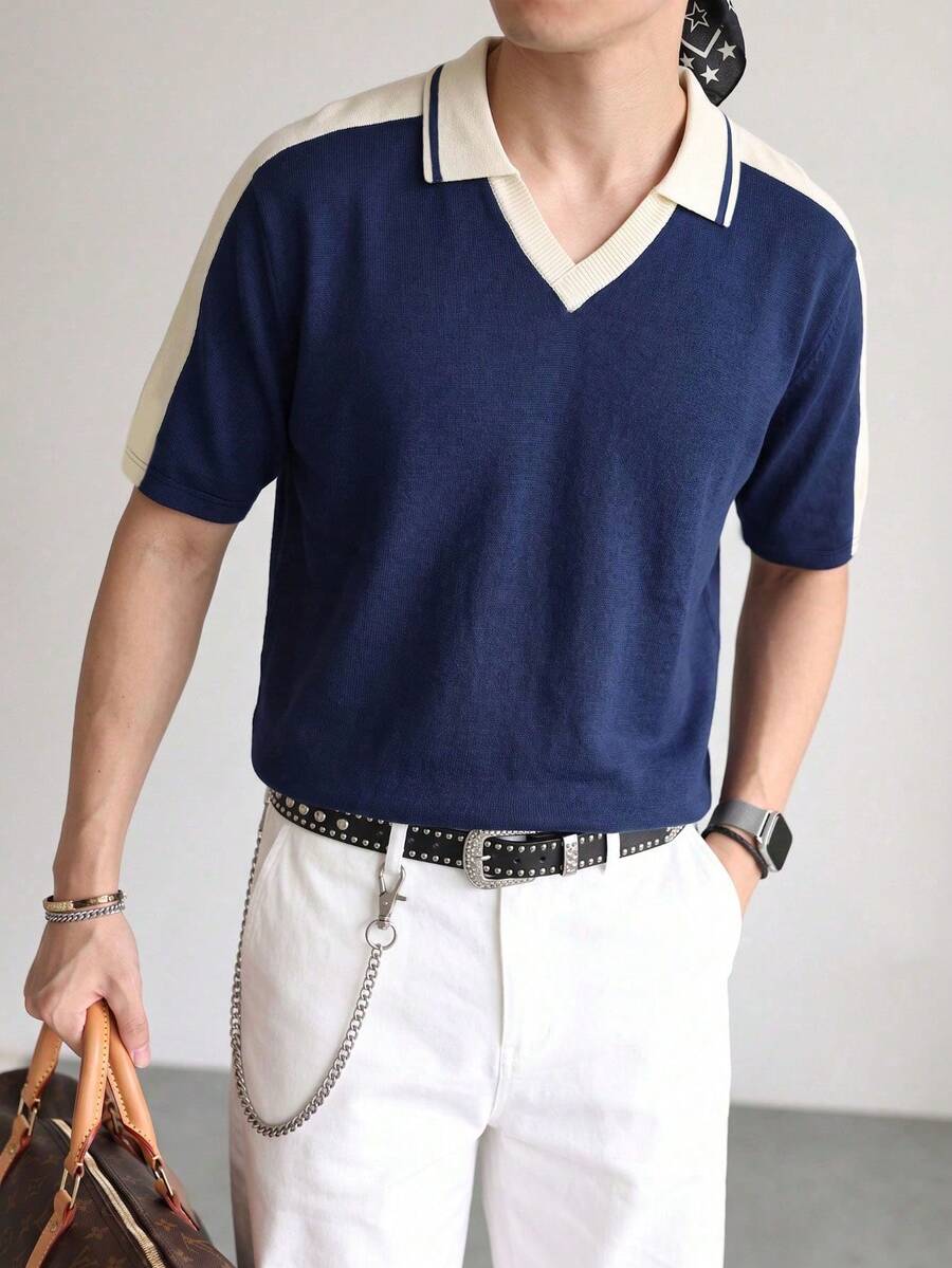 男士對比色插肩袖V領 Polo 衫,條紋裝飾短袖上衣,適合度假與街頭穿搭 - 藏蓝色 - 查看 1