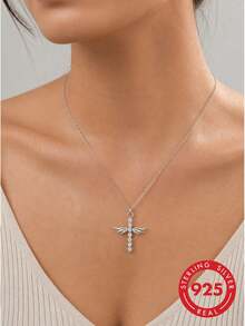 lunastudio 1pc 925 Sterling Silver Angel Wings Sparkling Necklace For Women Daily Wear - Silver - View 1