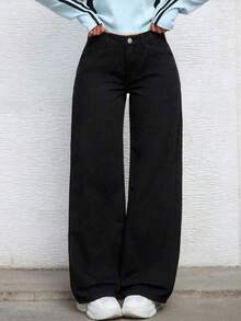 Teenage Girls' Fashion Solid Color Straight-Leg Jeans - Black - View 1