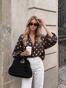 French Vintage Polka Dot Print Shirt, Summer New Loose Puff Sleeve Blouse, Draping Slimming Versatile Commute Casual Slouchy Lapel Cardigan - Brown - View 2
