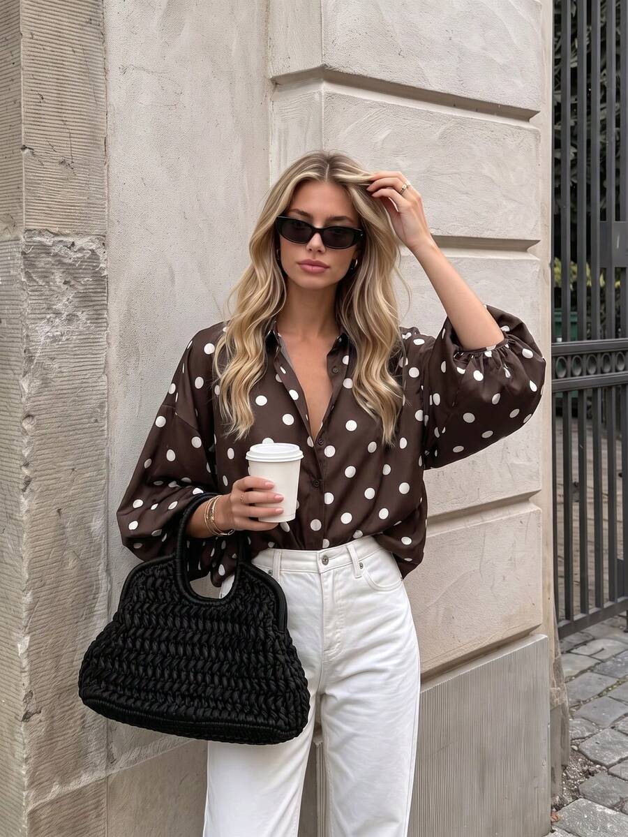 French Vintage Polka Dot Print Shirt, Summer New Loose Puff Sleeve Blouse, Draping Slimming Versatile Commute Casual Slouchy Lapel Cardigan