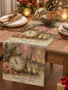 New Year Table Runner, Vintage Pocket Watch Fireworks Castle Champagne Glass Floral Print, Kitchen Dining Room New Year Holiday Tabletop Decoration Table Runner - Multicolor - View 2