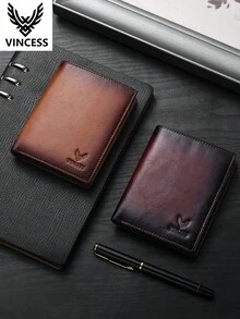 VINCESS Men's Wallet, Cowhide Leather, RFID Blocking, Men's Vintage Fashion, Large Capacity Multi-Card Slot, Zipper Coin Pocket, Travel Essential - Coffee Brown - View 8