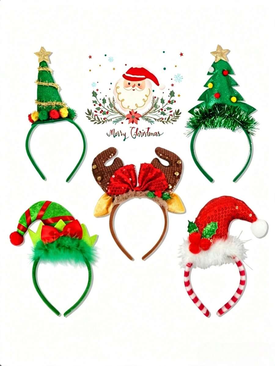 1/5 Piece Classic Christmas Headband - Holiday Party Accessory With Santa, Reindeer, Christmas Tree Design - Durable Plastic Construction, Non-Electric, Feather-Free Seasonal Headband - Headband - View 1