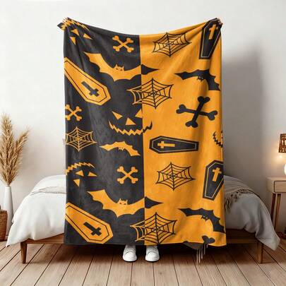 1pc Soft Warm Flannel Blanket, Decorated With Coffin, Bat, Spider Web Patterns, Multi-Functional Decorative Throw Blanket For Bed, Sofa, Travel, Office, Bedroom Home Decor, Autumn Decoration, All Season Use, Perfect Christmas And Halloween Gift For Friends And Family