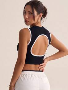 Women's Seamless Open Back Fitness Sports Cropped High Neck Contrast Color Trim Ribbed Tank Top, Suitable For Gym, Yoga, Casual Street Wear - Black - View 2
