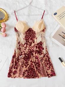 Women's Hollow Chest Nightgown With 3D Burnout Soft Fabric And Lace Mesh Patchwork, Sexy Backless Camisole Sleep Dress For Multiple Occasions - Red - View 7