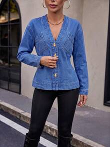 HAPPY GIRL#Spring/Autumn Versatile Fashion Solid Color Elegant Denim Beach Front Button Waist-Cinching Design Women's Long Sleeve Denim Top - Blue - View 4