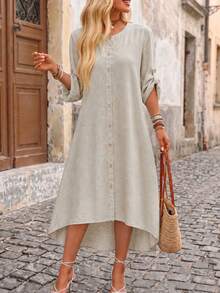 Women's Solid Color Loose Elegant Casual Faux Linen Shirt Dress - Apricot - View 7