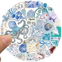 50pcs Ocean Aesthetic Stickers, Marine Life Doodle Labels, Beach Vacation Stickers, Blue Aesthetic Decor, Waterproof Vinyl Stickers For Water Bottles, Computers, Laptops, Phones, Luggage, Notebooks, Refrigerators - Multicolor - View 6