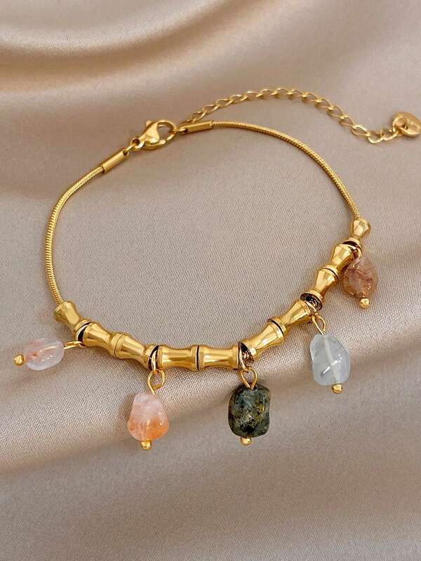 1Pc 18K Gold Plated Stainless Steel Boho Vintage Bamboo Natural Stone Chip Charm Bracelet For Women,Daily Party/Christmas/Birthday Gift/Y2K/Halloween