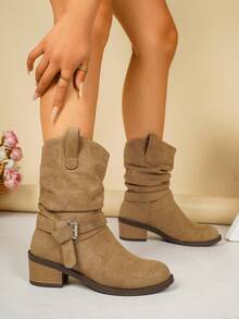 Women's Faux Suede Mid-Calf Ankle Boots With Buckle Chunky Heel Western Style Ruched Stacked Boots For Commuting - Khaki - View 4