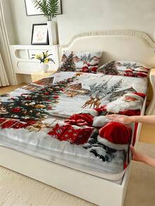 1PC Christmas Theme Fitted Sheet (Only Fitted Sheet, No Pillowcase), Santa Claus, Christmas Tree, Reindeer Print Fitted Sheet, Soft And Comfortable 100% Polyester Fabric, Suitable For Bedroom, Guest Room, School Dormitory Fitted Sheet, Easy To Remove And Machine Washable, All Season Mattress Protector - Multicolor - View 5