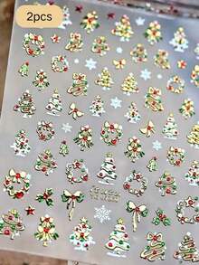 1/2pcs Mini Leaf & Flower Wreath Printed Decorative Stickers + Tweezers Set, Multiple Options Green & Gold Color Small Tree Bow Snowflake Pattern Waterproof Self-Adhesive Decor, Universal For Glass Cups Laptop White Speakers, Portable Items Luxury Atmosphere Beautifying Stickers - Christmas Fairy Tale Stickers - View 7