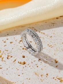 2pcs Stainless Steel Silver Series Rhinestone Honeycomb Ring Set, Suitable For Women's Daily Wear - Silver - View 6