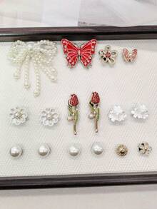 16PCS Bling Rhinestone Red Butterfly Rose Clog Shoe Charms Accessories Faux Pearl Bow Flower Shoe Buckles DIY Decorations Retro Beads Shoe Clips Decor - Multicolor - View 7
