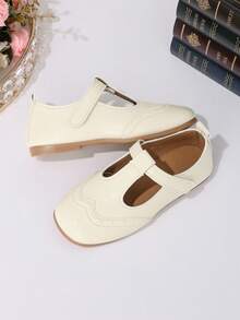 1 Pair Beige Girls' Slip-On Shoes, Non-Slip Flat Sole, Fashionable Minimalist Shiny Solid Color Elegant Campus Shoes, PU Material, Hook And Loop Closure, Round Toe Design, Suitable For Campus, All Seasons, Daily Wear And Formal Occasions - Beige - View 6