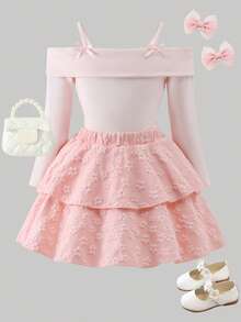 Girls Sweet Cute 2 Pieces Set, Bow Spaghetti Strap Shoulder Strap Lapel Long Sleeve Top With 3D Floral Double Layer Ruffle Skirt, Princess Style Outfit - Pink - View 3