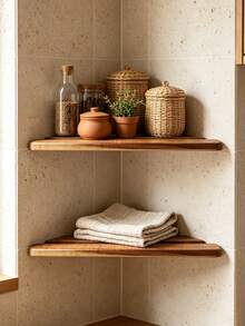 2Pcs Wooden Floating Corner Wall Shelves Rustic Wood Kitchen Storage Organizer Wall Mounted Display Rack For Pantry Bathroom Dining Room Space‑Saving Home Decor - View 4